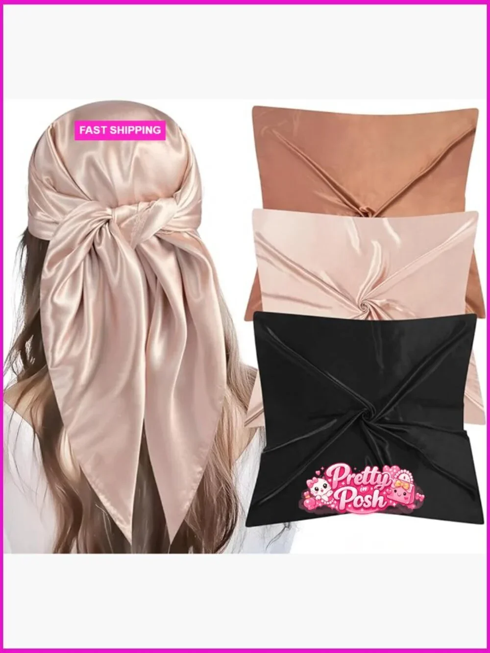 Large Square Satin Head Scarf Set - 3Pcs Silk Like Polyester Scarves
